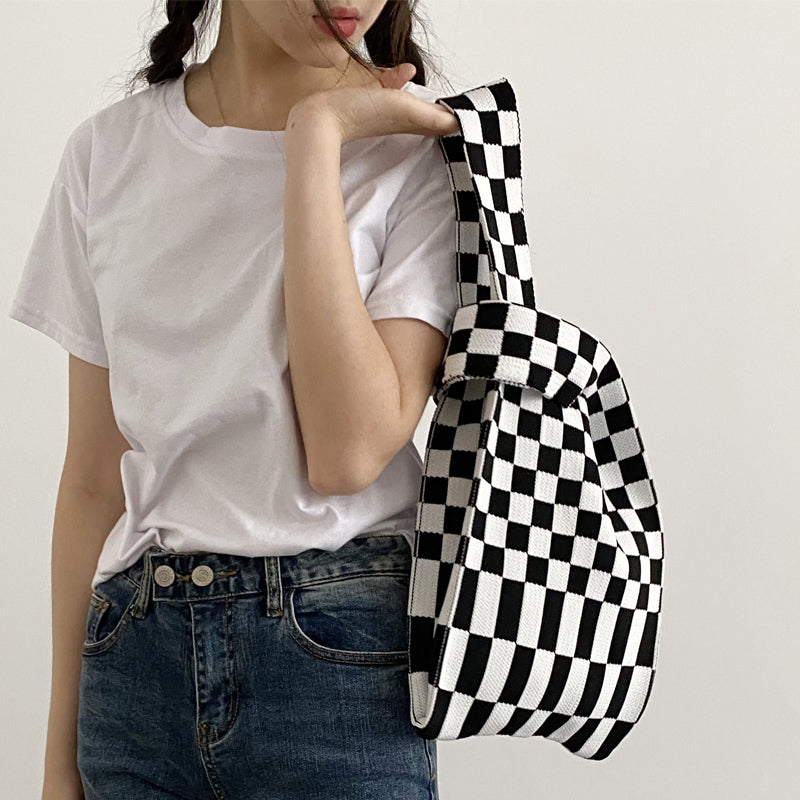 White Checkered Pattern Tote Bag