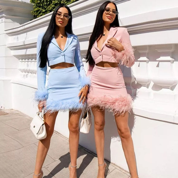 Mara Cropped Blazer and Skirt with Feathers