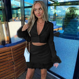 Mara Cropped Blazer and Skirt with Feathers