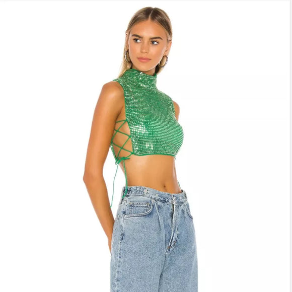 Kendall Sequin Drawstring Cropped Tank Top