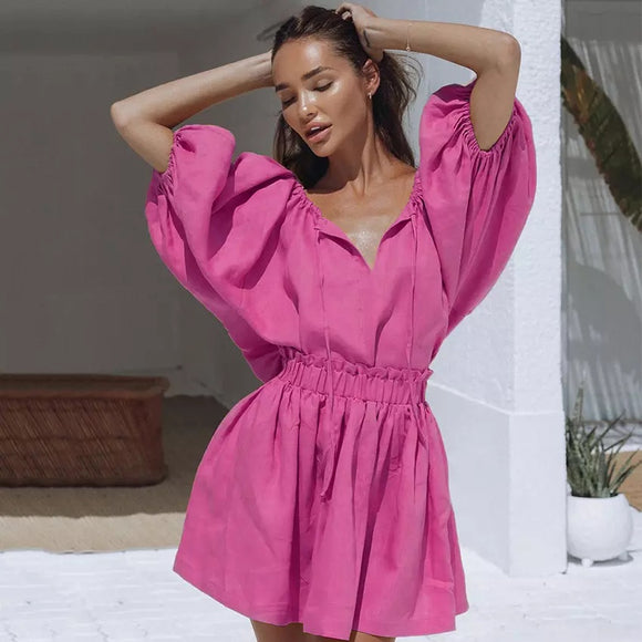 Brandy Linen Elastic Waistband Mini Dress