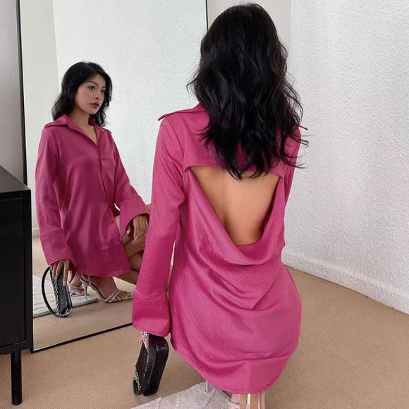 Tina Backless Satin Mini Shirt Dress
